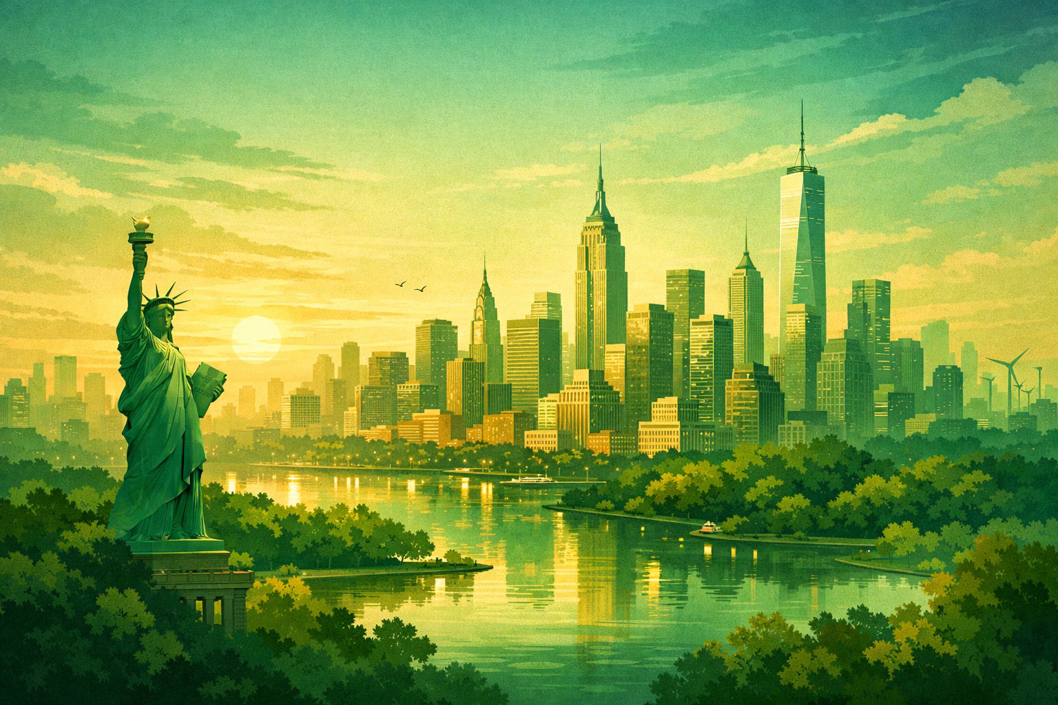 New York skyline in green hues